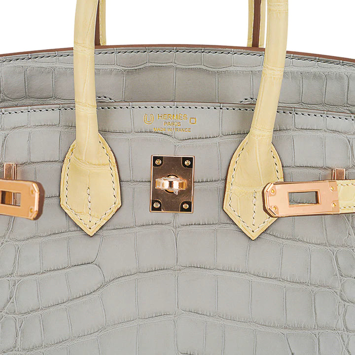 Birkin 25 HSS Gris Perle & Vanille Matte Alligator Bag