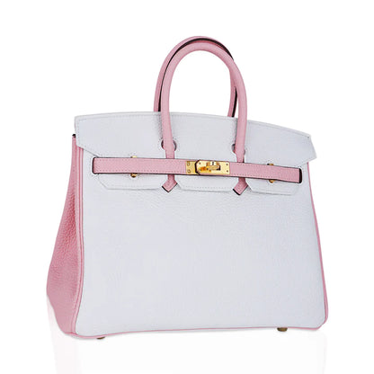 Birkin 25 HSS Rose Sakura & White Clemence Leather Bag