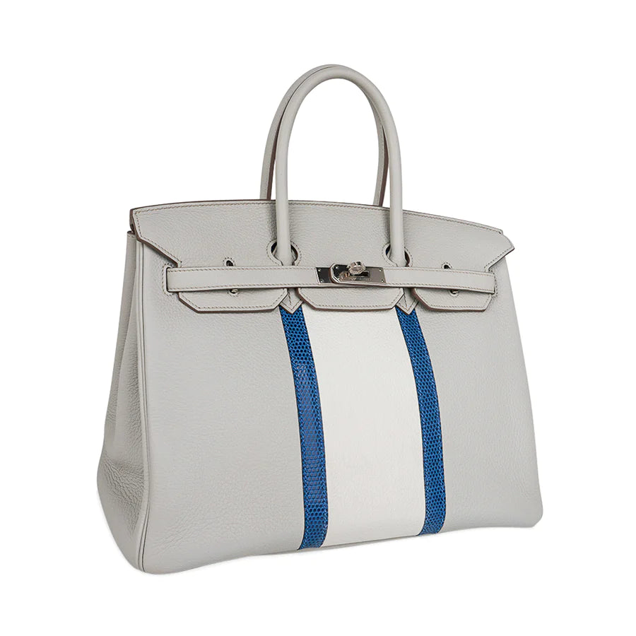 Birkin 35 Club Gris Perle, Blanc, & Mykonos Lizard Bag