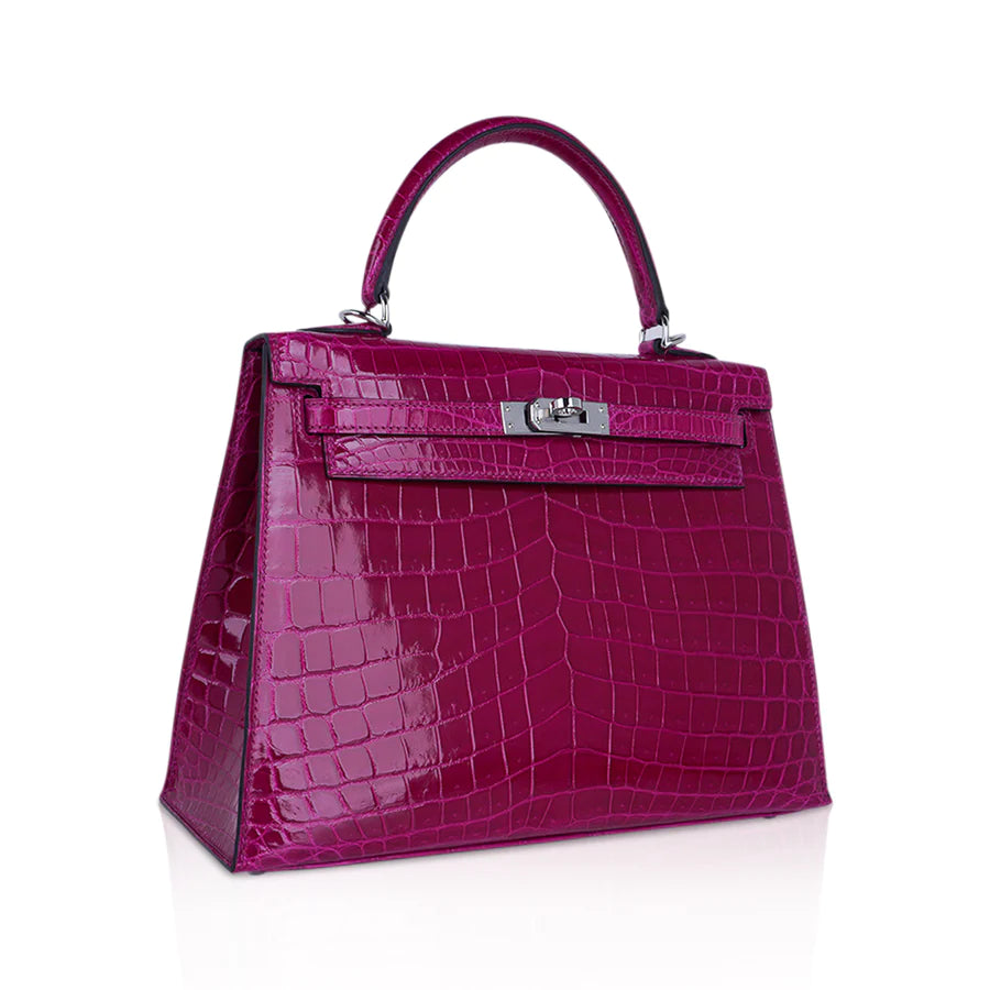 Kelly 25 Sellier Rose Pourpre Crocodile Bag