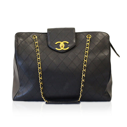 Chanel Vintage Quilted Lambskin XL Weekend Travel Overnight Business Bag Black