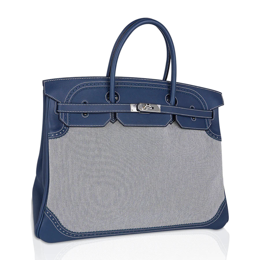 Birkin 40 Ghillies Blue de Prusse Blue Toile Bag