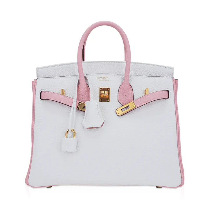 Birkin 25 HSS Rose Sakura & White Clemence Leather Bag