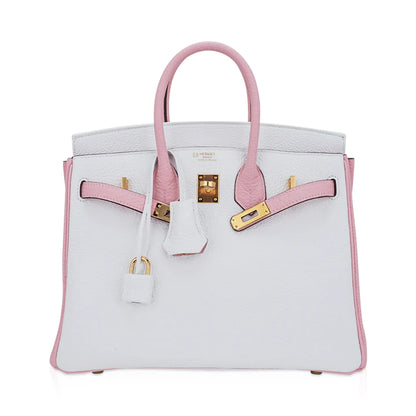 Birkin 25 HSS Rose Sakura & White Clemence Leather Bag