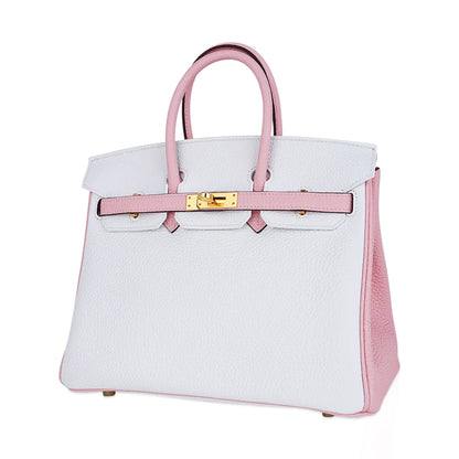 Birkin 25 HSS Rose Sakura & White Clemence Leather Bag