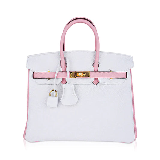 Birkin 25 HSS Rose Sakura & White Clemence Leather Bag