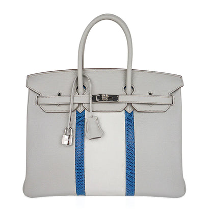 Birkin 35 Club Gris Perle, Blanc, & Mykonos Lizard Bag