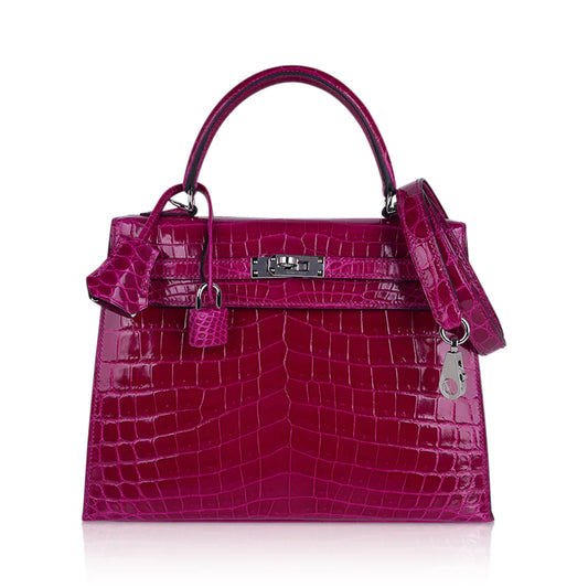 Kelly 25 Sellier Rose Pourpre Crocodile Bag