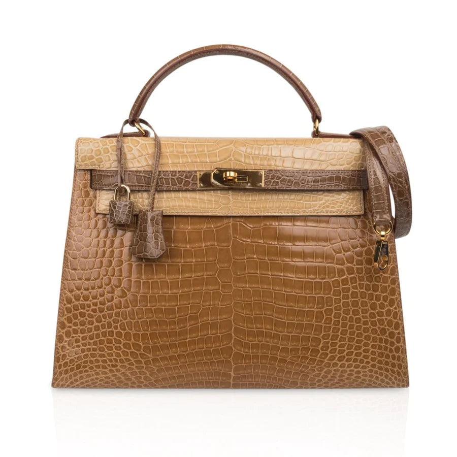 Kelly 32 Sellier Tri-Colour Porosus Crocodile Poussiere Poudre Ficelle Bag