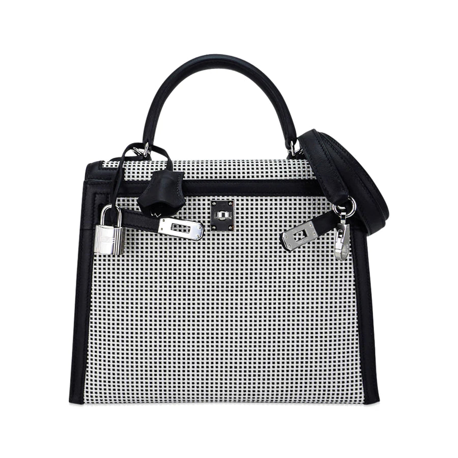 Kelly 25 Sellier Quadrille Viking Toile Black & White Bag