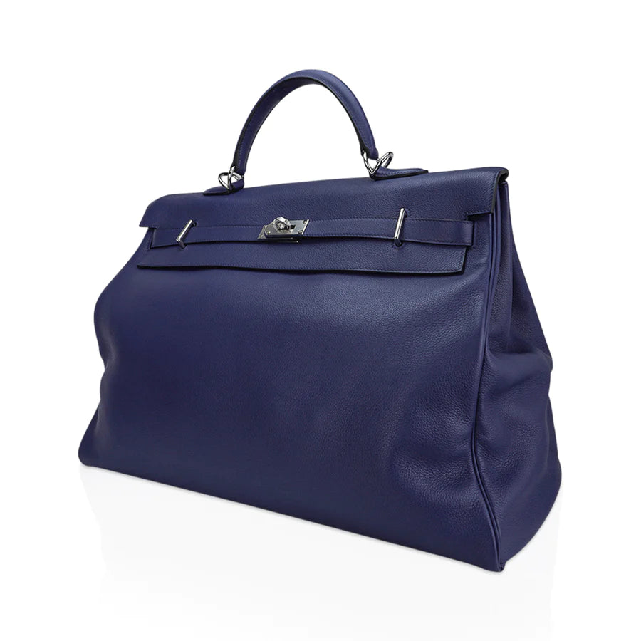 Kelly 50 Voyage Blue De Malte Novillo Leather Bag