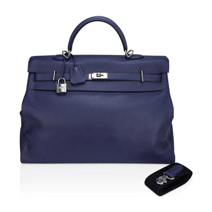 Kelly 50 Voyage Blue De Malte Novillo Leather Bag