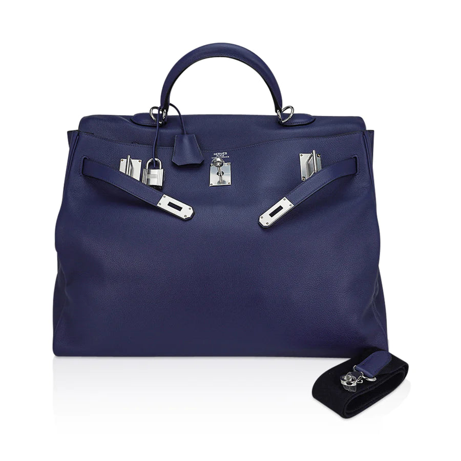 Kelly 50 Voyage Blue De Malte Novillo Leather Bag