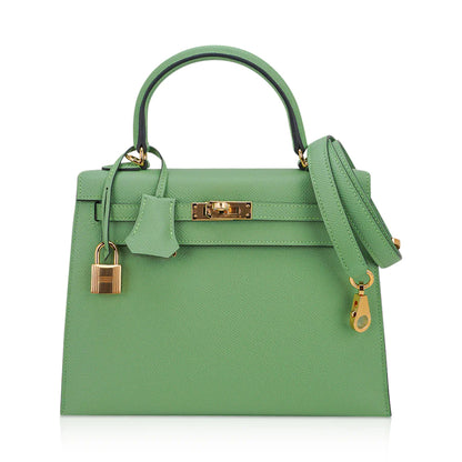 Kelly 25 Sellier Vert Criquet Epsom Leather Bag