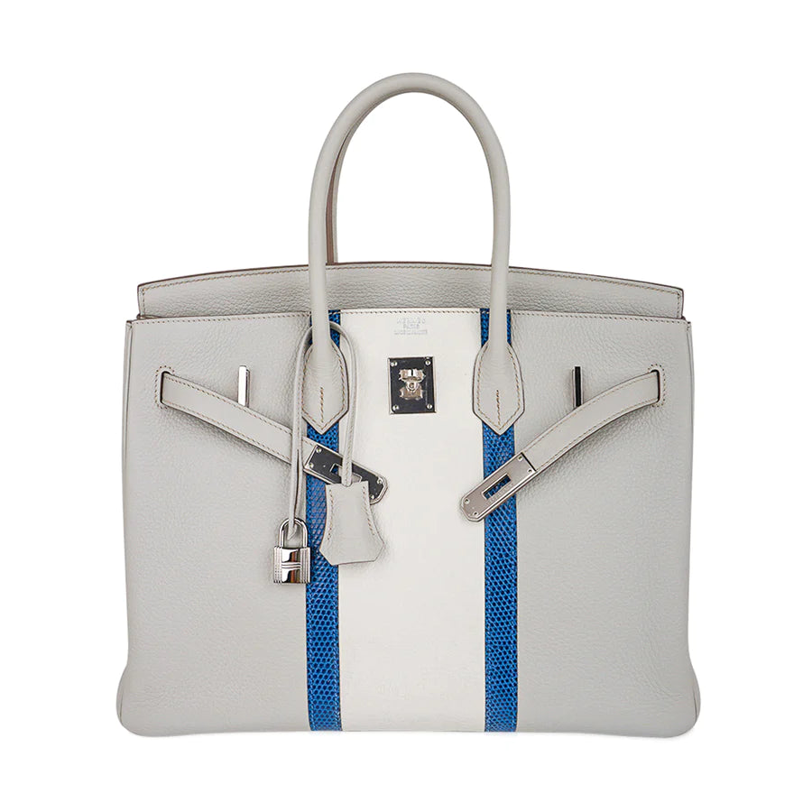 Birkin 35 Club Gris Perle, Blanc, & Mykonos Lizard Bag