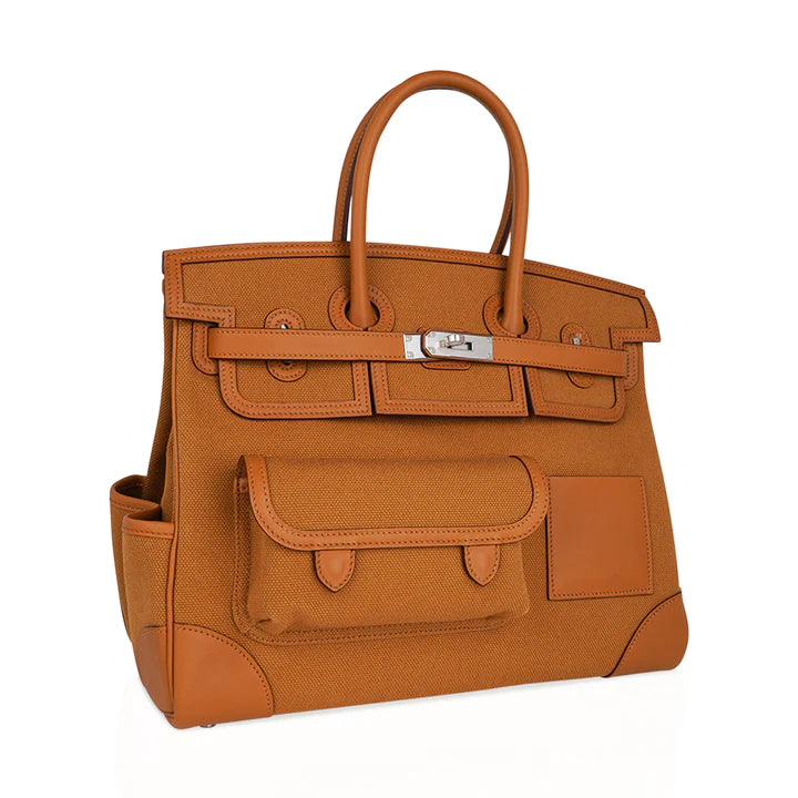 Birkin 35 Cargo Toile Goeland Swift Leather Trim Bag