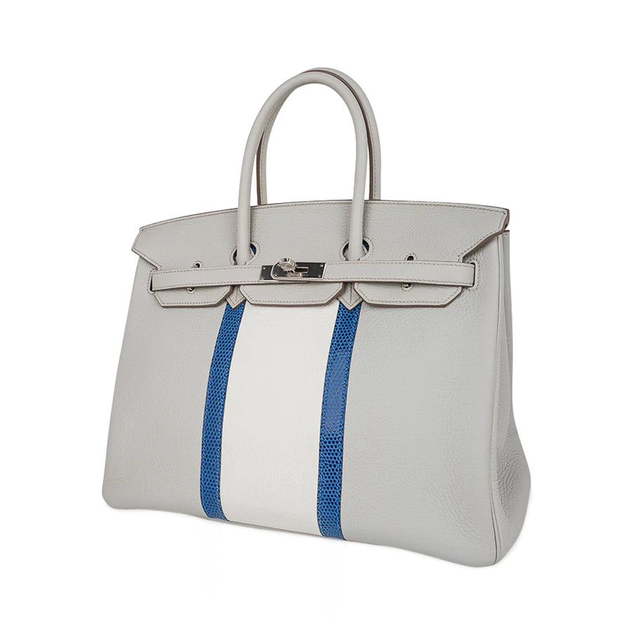 Birkin 35 Club Gris Perle, Blanc, & Mykonos Lizard Bag